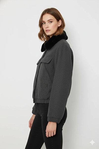 cemo Buttoned Short Faux Leather Jacket with Lamb Fur Collar