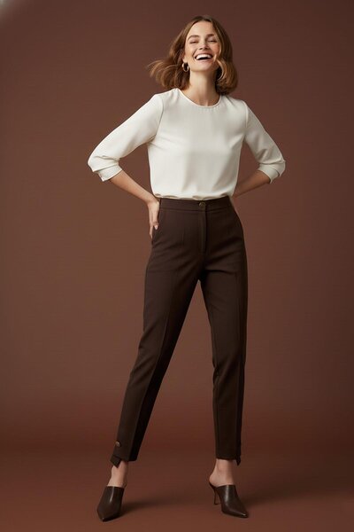 Puane Women's Trousers with Button Detail on the Legs -18277Pnt - Brown