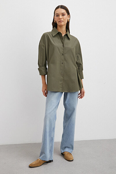 Never more Button Detailed Cotton Shirt Khaki