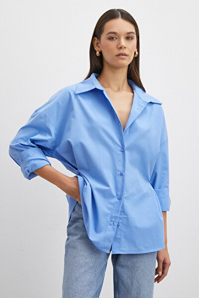 Never more Button Detailed Cotton Shirt Blue