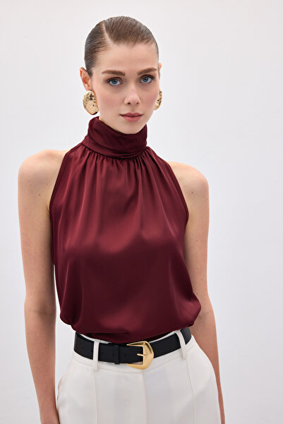 Sateen High Neck Sleeveless Blouse - Burgundy