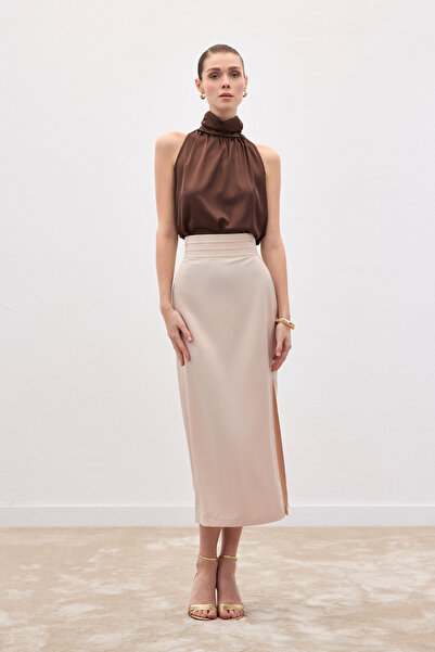 Sateen Satin Skirt with Pleated Detail - Beige
