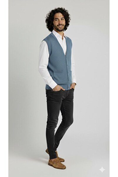 BAGİSTA BUTİK Men's Casual V-Neck Buttoned Pocket Detail Knit Vest