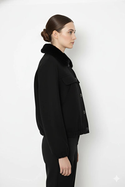 cemo Buttoned Short Faux Leather Jacket with Lamb Fur Collar