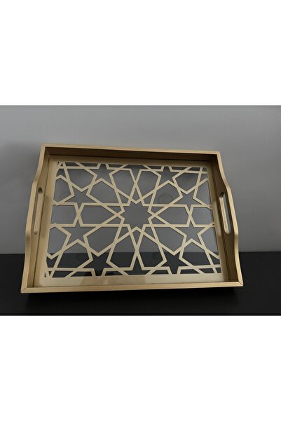 Santara Avangarde Wooden Glass Gold Decorated Tea Coffee Presentation Tray