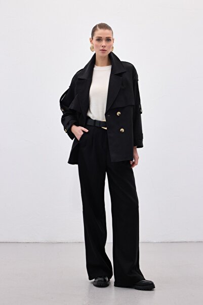 Sateen Short Trench Coat - Black