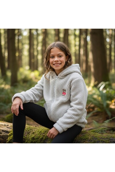 FESSHERA KİDS Girl's Coat Fleece-Lined Plush Hooded Coat Zippered Soft Teddy Bear Embroidered Fleece Coat