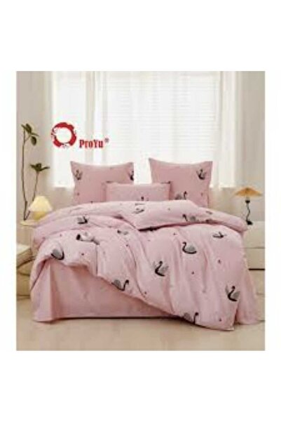 FENG Double bed bedding set, 4 pieces, Superior satin cotton, Pink-Black, birds