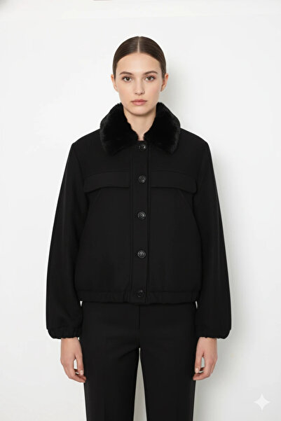 cemo Buttoned Short Faux Leather Jacket with Lamb Fur Collar