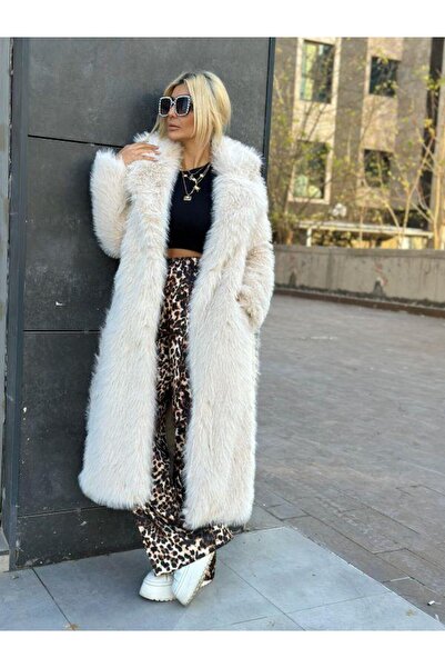 Kokoşum Butik 3858 Palton lung de blană bej