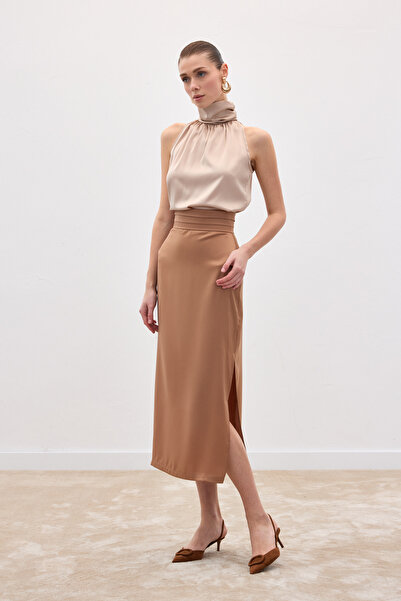 Sateen Satin Skirt with Pleated Detail - Camel