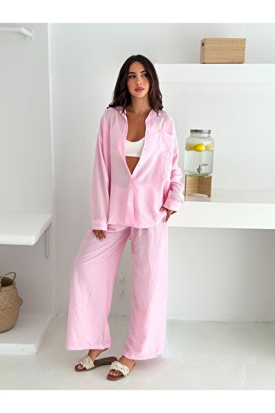 bobitex طقم قميص من قماش الفراولة واسع الساقين مع حزام مطاطي عند الخصر