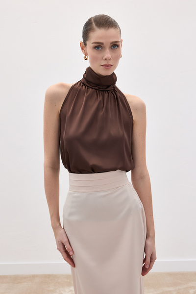 Sateen High Neck Sleeveless Blouse - Brown