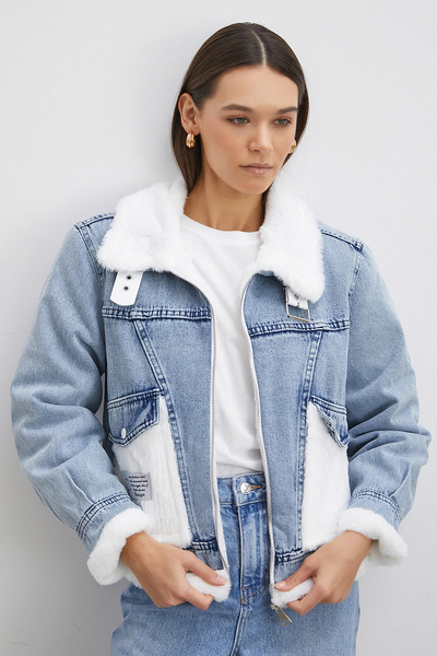 Never more White Belt Detailed Fur Denim Coat Blue