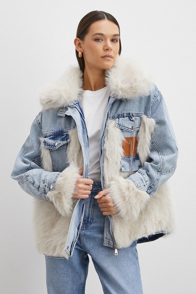 Never more Denim Paneled Fur Coat Blue
