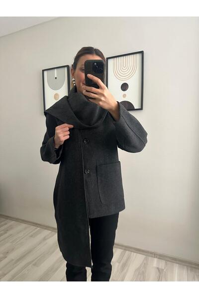 TB Butik Anthracite Short Cashmere Coat with Detachable Wide Scarf