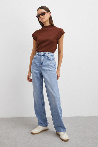 Never more High Waist Five Pocket Raw Hem Jean Blue