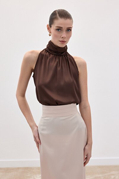 Sateen High Neck Sleeveless Blouse - Brown