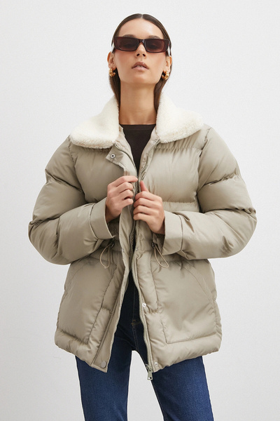 Never more Fur Collar Puffer Coat Beige
