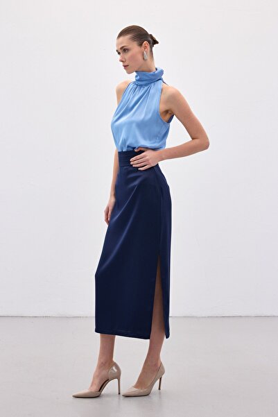Sateen Satin Skirt with Pleated Detail - Navy Blue