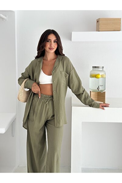 bobitex طقم قميص من قماش الفراولة واسع الساقين مع حزام مطاطي عند الخصر