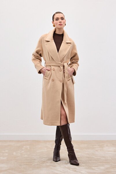 Sateen Tie-Waist Long Coat - Beige