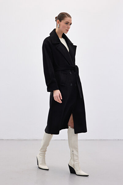Sateen Tie-Waist Long Coat - Black