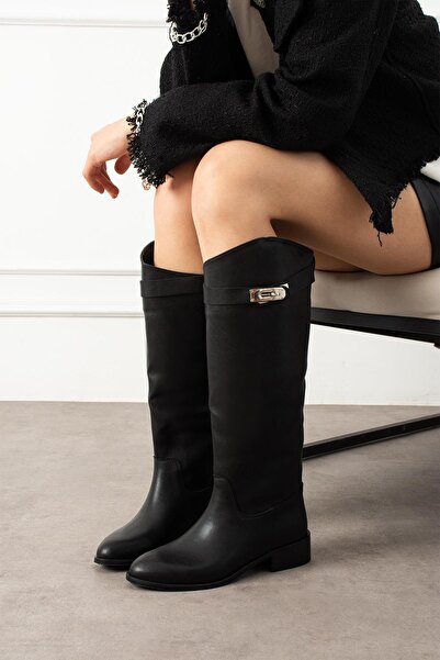 ShoeTek Cizme de damă Payt, cu toc scurt, cu cataramă laterală, piele neagră