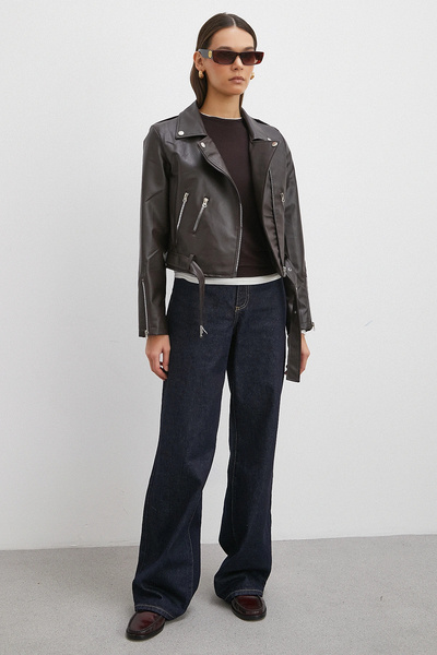 Never more Beli Belted Zippered Leather Jacket Brown