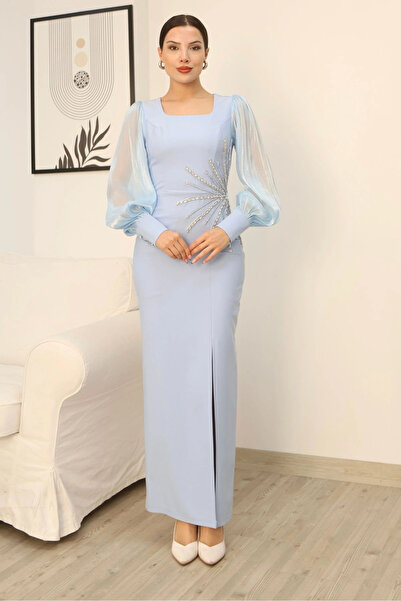 lodmela Rochie de seara cu fantă cu decolteu pătrat maneci balon decorate cu pietre 2345-Baby Blue