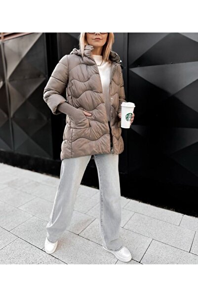 Brielle Women's Cream Quilted Puffer Jacket with Hood, medium length