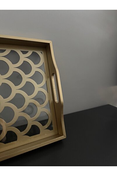 Santara Avangarde Wooden Glass Gold Decorated Tea Coffee Presentation Tray