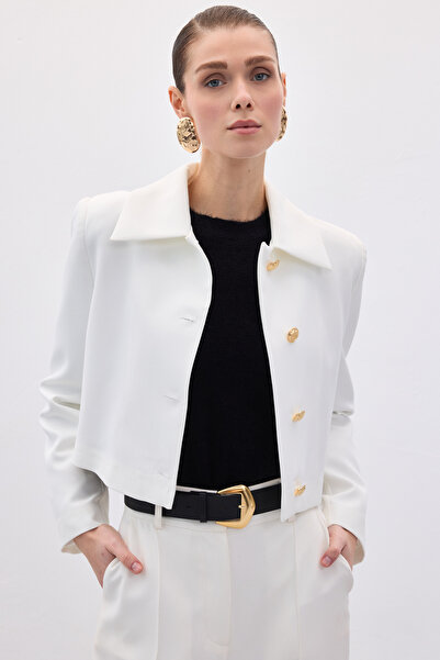 Sateen Buttoned Short Jacket - Ecru