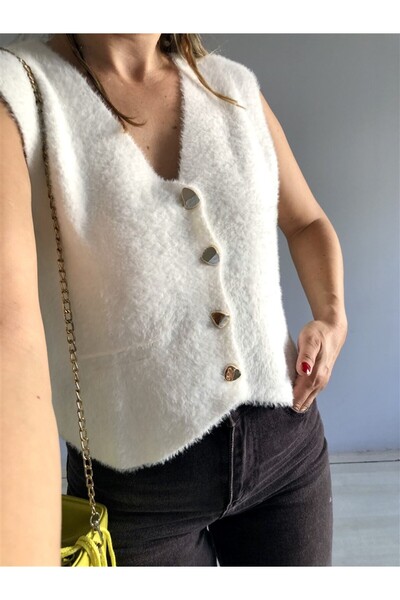 Gözde Tasarım Butik Women's V-Neck Buttoned White Color Soft Knitted Tricot Vest