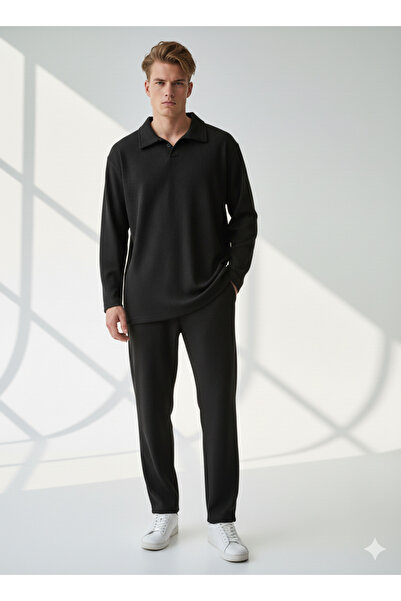 ribana Unisex Corded Fabric Shirt Collar Long Sleeve Pocket Elastic Waist 2-Piece Set