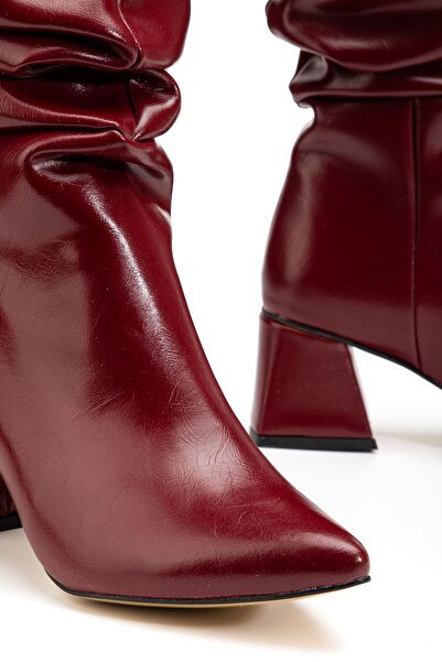 Budi Syt-2002 Burgundy Wrinkled Patent Leather Bellows Thick Heeled Casual Boots