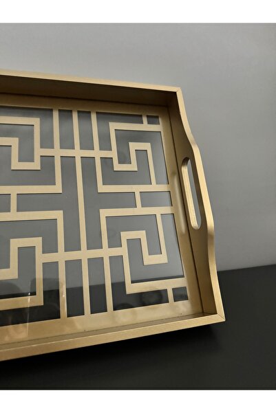 Santara Avangarde Wooden Glass Gold Decorated Tea Coffee Presentation Tray