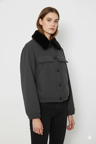 cemo Buttoned Short Faux Leather Jacket with Lamb Fur Collar