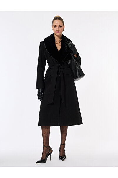 Koton Faux Fur Collar Coat with Cashmere Belt Long Sleeves