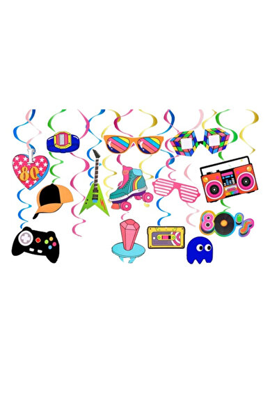 OEM Set of 15 decorations for an 80s-themed party, foil, cardboard, multicolor