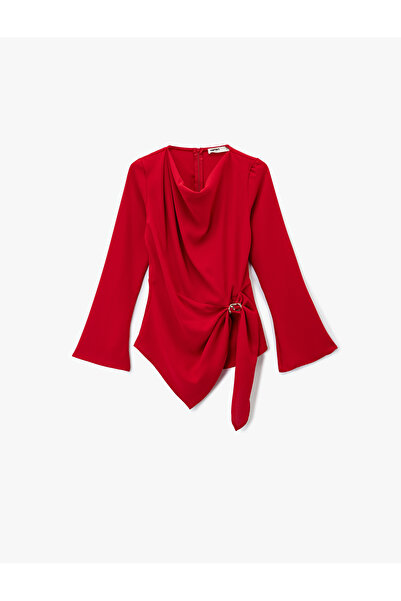 Koton Long Sleeve Degaje Collar Metal Accessory Gathered Asymmetrical Blouse