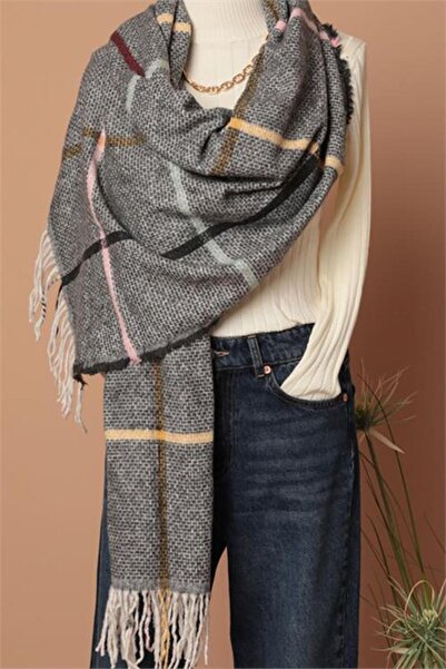 Neşeli Butik Women's Soft Textured Striped Anthracite Shawl Scarf Nbaks034