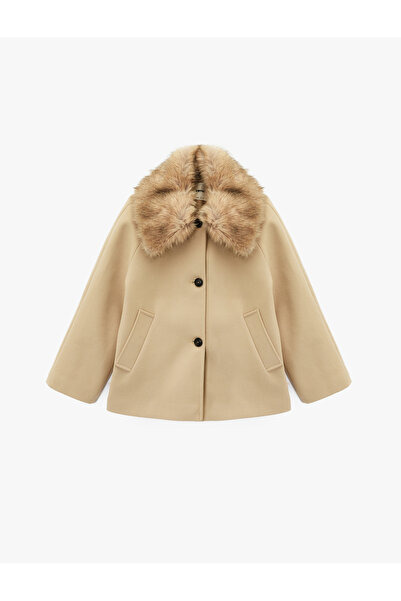 Koton Faux Fur Collar Short Cashmere Coat with Pockets Long Sleeve