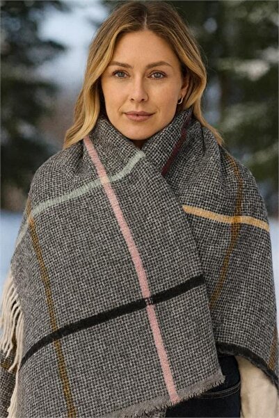 Neşeli Butik Women's Soft Textured Striped Anthracite Shawl Scarf Nbaks034