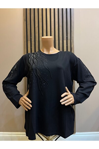 AKMAVİ Kadın Orta Yaş Ve Üzeri Baget Taşlı Siyah Anne Penye Bluz