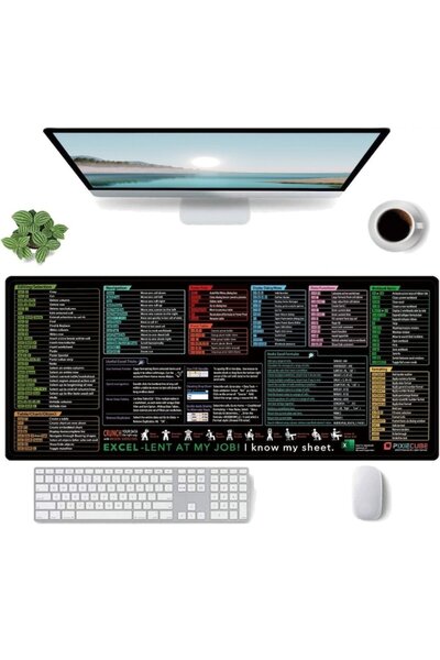 Dali Mousepad with keyboard support, 90 x 40 cm, Excel formulas & shortcuts print, scratch-resistant, non