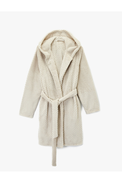 Koton Long Sleeve Hooded Belted Plush Dressing Gown