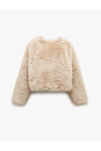 Koton X Melis Ağazat - Suni Faux Fur Coat Cropped Long Sleeve Crew Neck