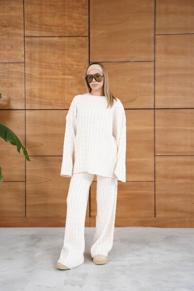 GİYSİ DÜNYASI 57 Knitted Fabric Checkered Pattern Knitted Standard Size Sweater Pants 2-Piece Set