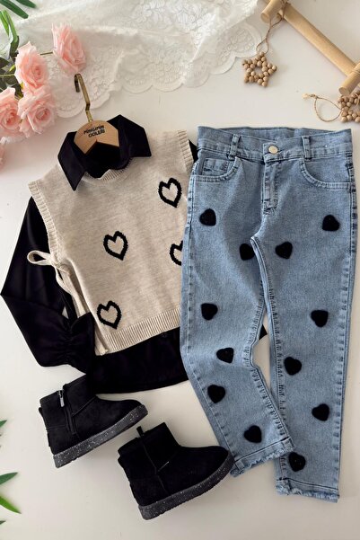 Minigimin Cicileri My Little One's 3-Piece Set with Heart-Shaped Punchwork Detail Sweater - Black